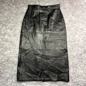 Sacha Midi Skirt Womens 26x29 Black Genuine Leather Lined Slit Zipper Pencil